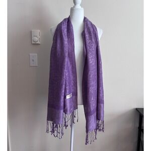 Quiet Luxury Bohemian Silk Cashmere Pashmina Scarf Wrap Shawl Fringe Purple